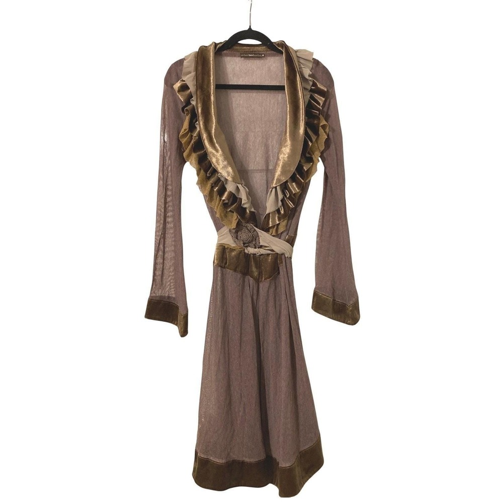 Y2K Anthro Velvet Ruffle Brown Duster Cardigan Medium Boho Luxury Fairy Grunge - Picture 1 of 9